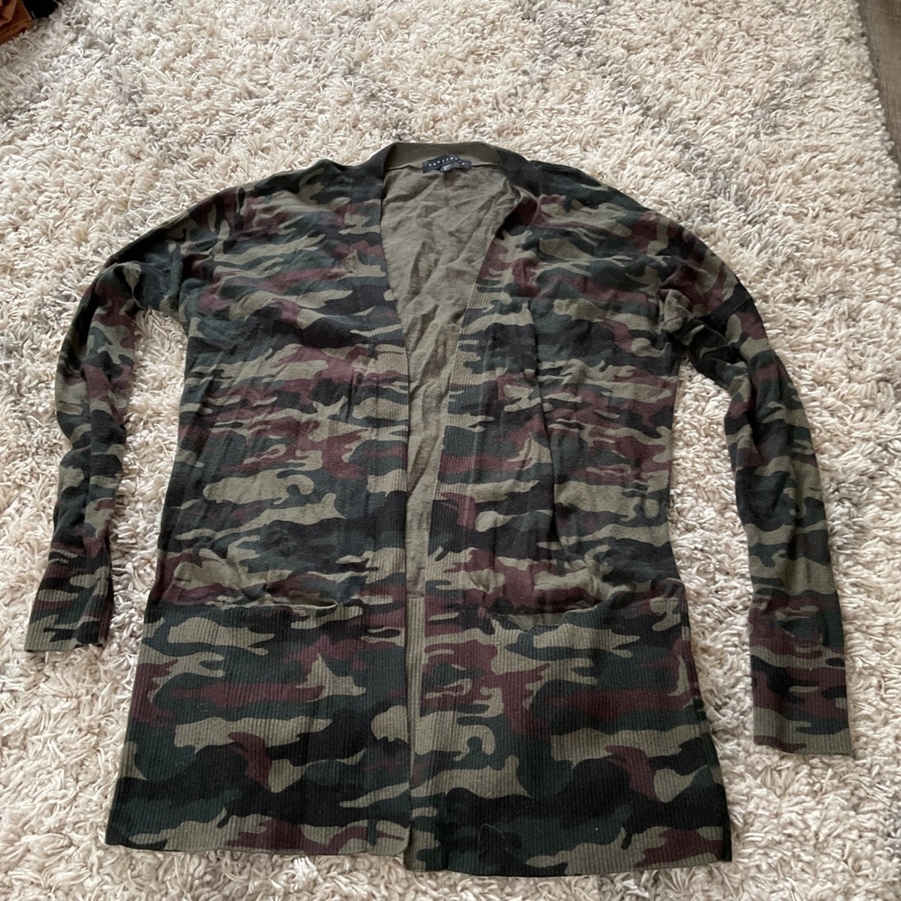 Sanctuary Womens Camo Open Front Cardigan Ribbed Knit Pockets Green Burgundy‎ S